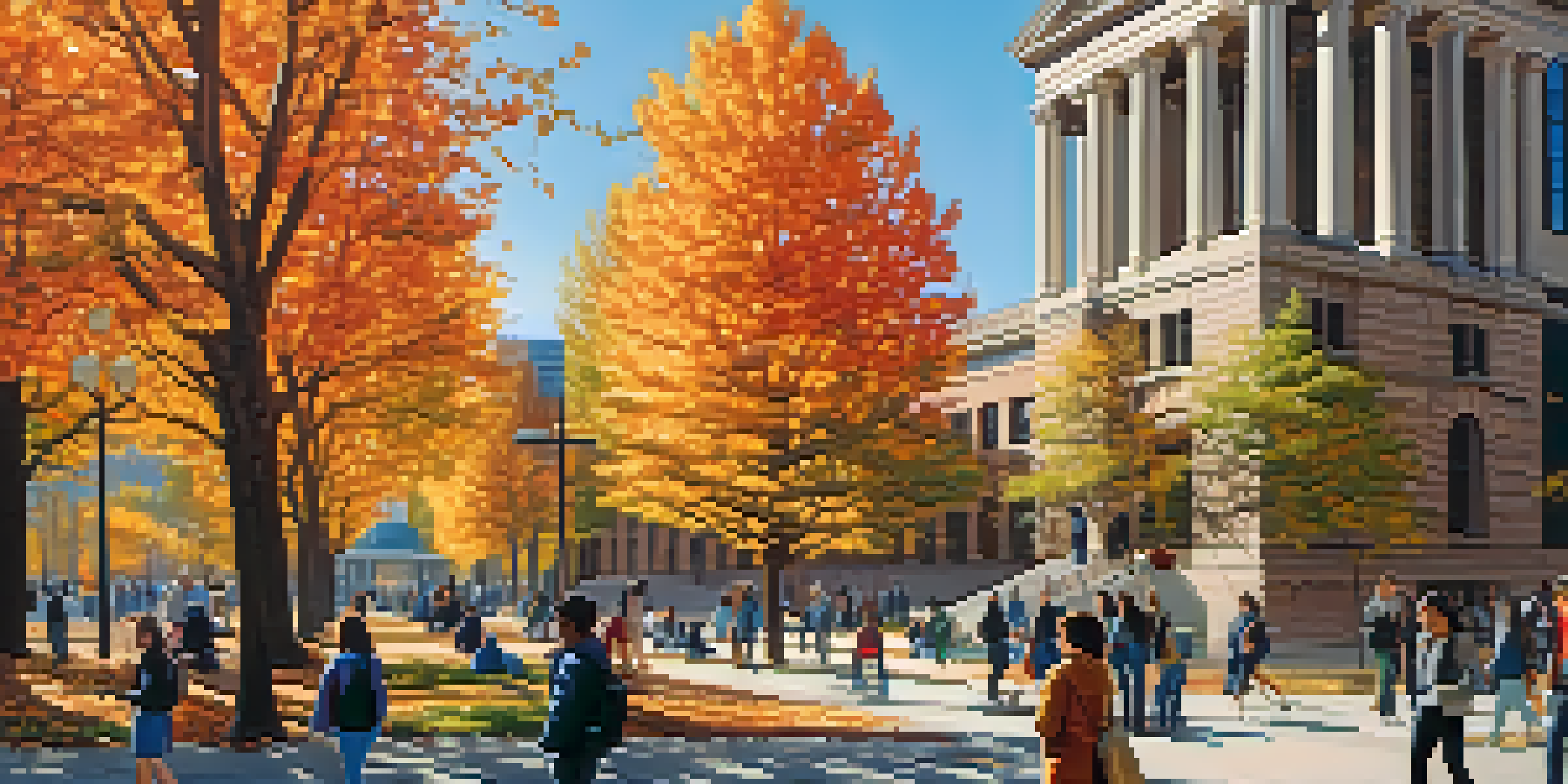 A busy outdoor scene at MIT with students and researchers interacting, modern and historic buildings in the background, and colorful autumn leaves.