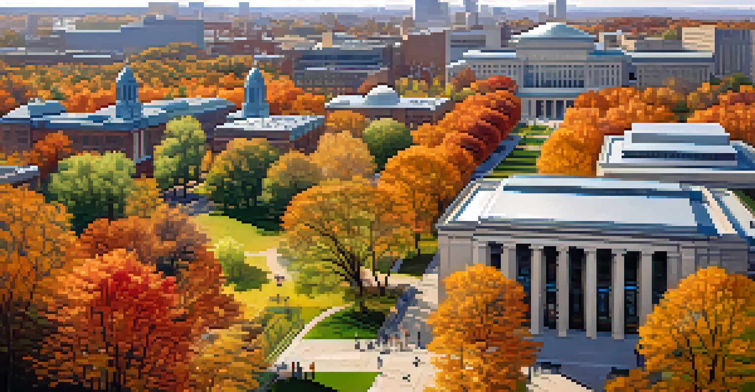 An aerial view of the MIT campus during autumn, highlighting colorful foliage and modern buildings filled with students.