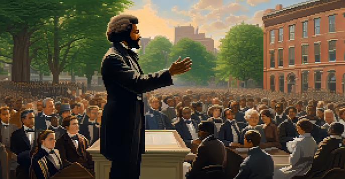Frederick Douglass giving a speech in a Boston square, with a diverse audience in a historical setting.