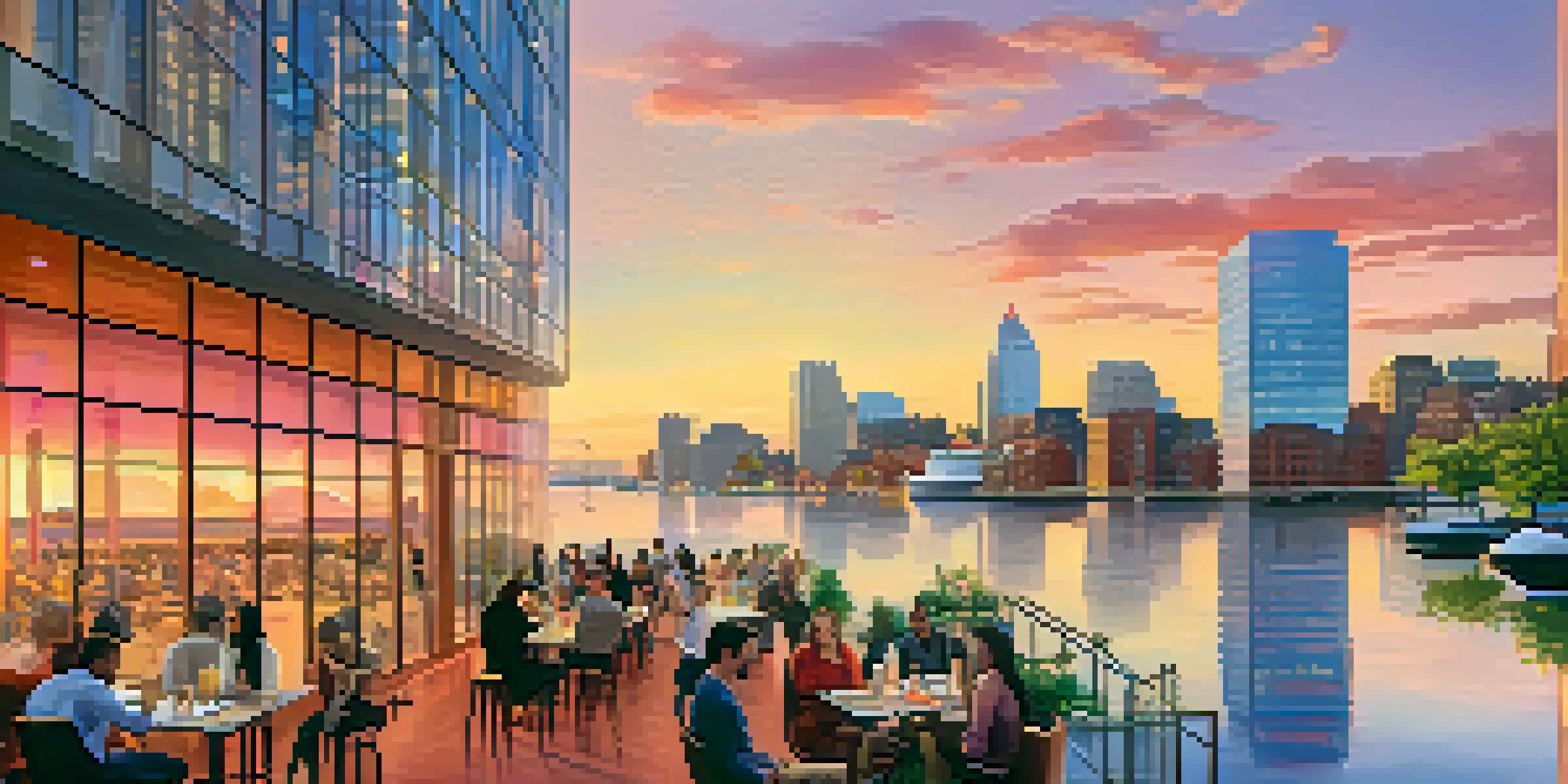 A colorful sunset view of Boston's Innovation District, featuring modern buildings and people collaborating outdoors.