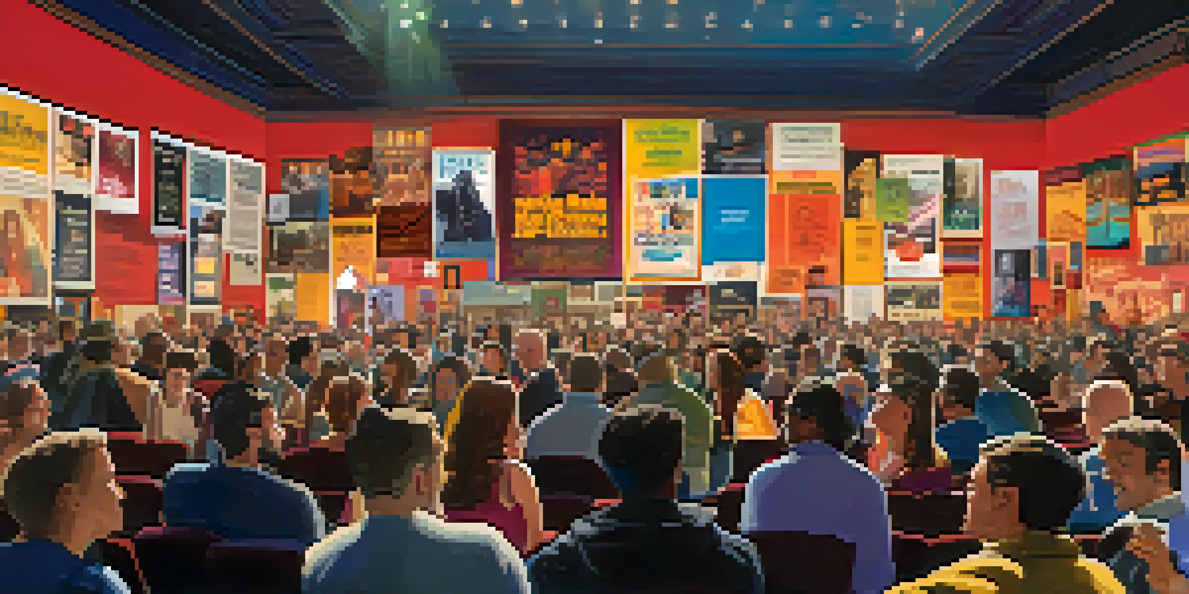 A bustling theater at the Boston Film Festival, filled with attendees and colorful film posters, showcasing local filmmakers.