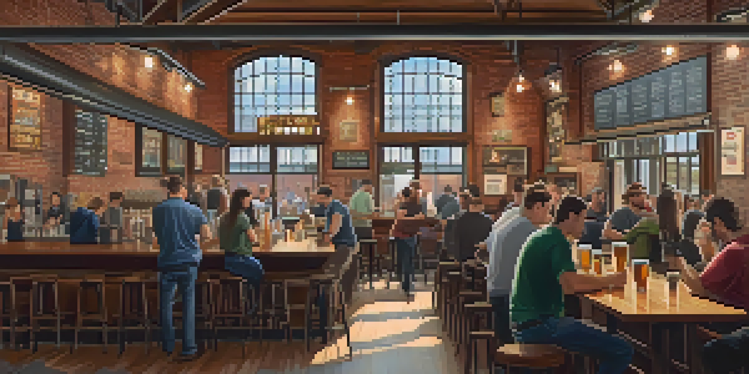 An interior view of a lively Boston brewery with patrons enjoying craft beer, wooden tables, and a bright atmosphere.