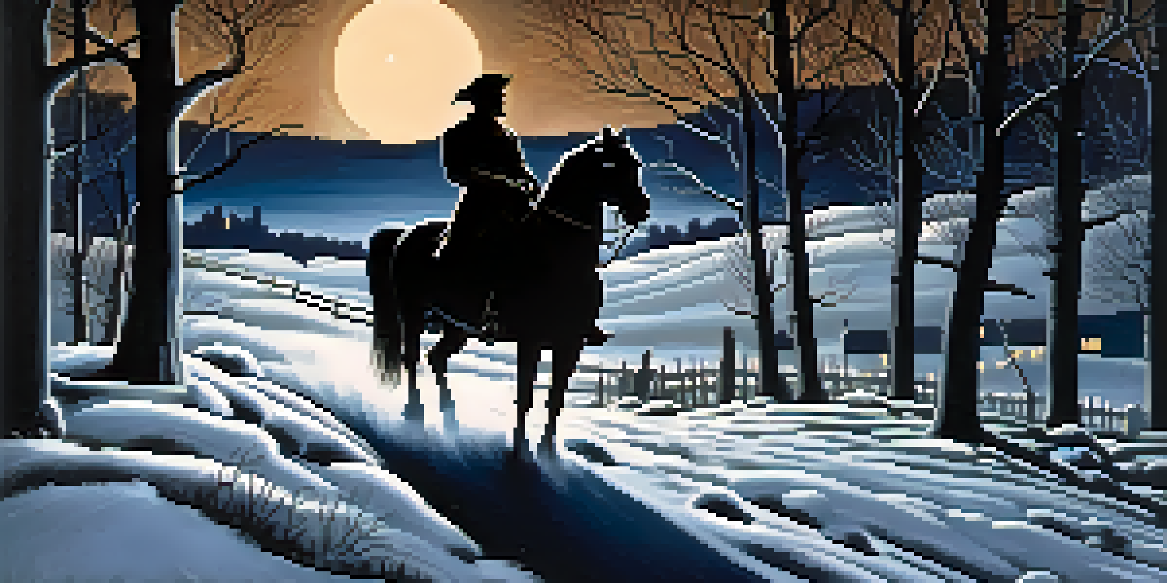 Paul Revere riding on horseback through a dark rural landscape at night, calling out to fellow patriots, illuminated by moonlight.