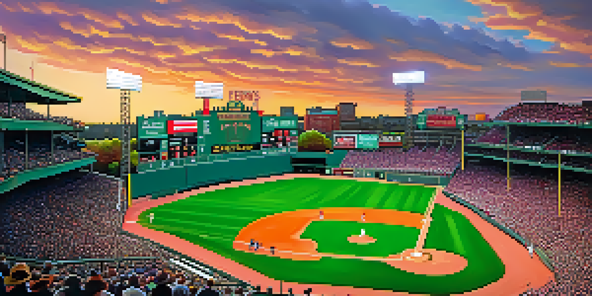 Aerial view of Fenway Park during a baseball game at sunset, featuring the Green Monster and cheering fans.