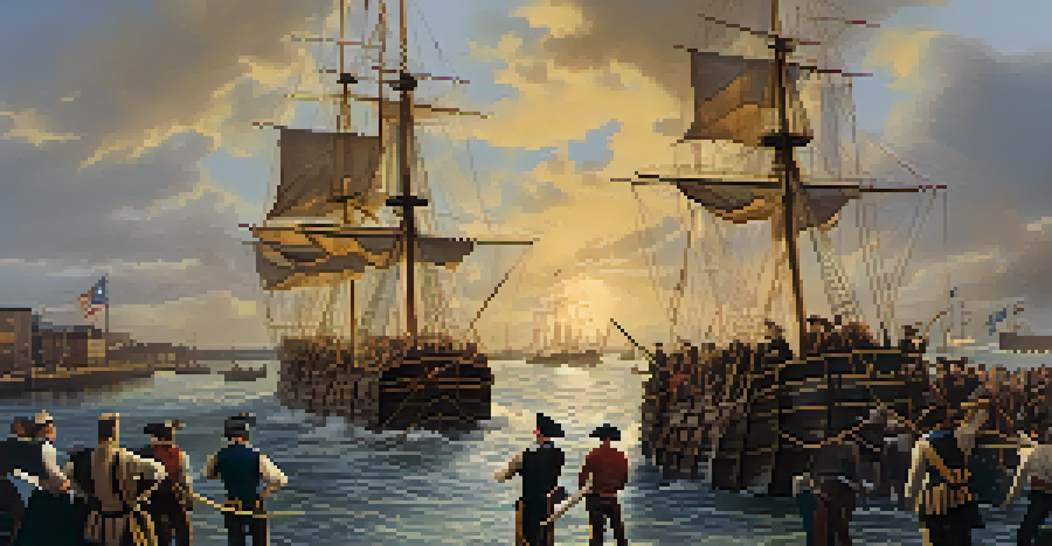 Colonists throwing tea crates into the harbor during the Boston Tea Party, with splashes in the water and a sunset backdrop.