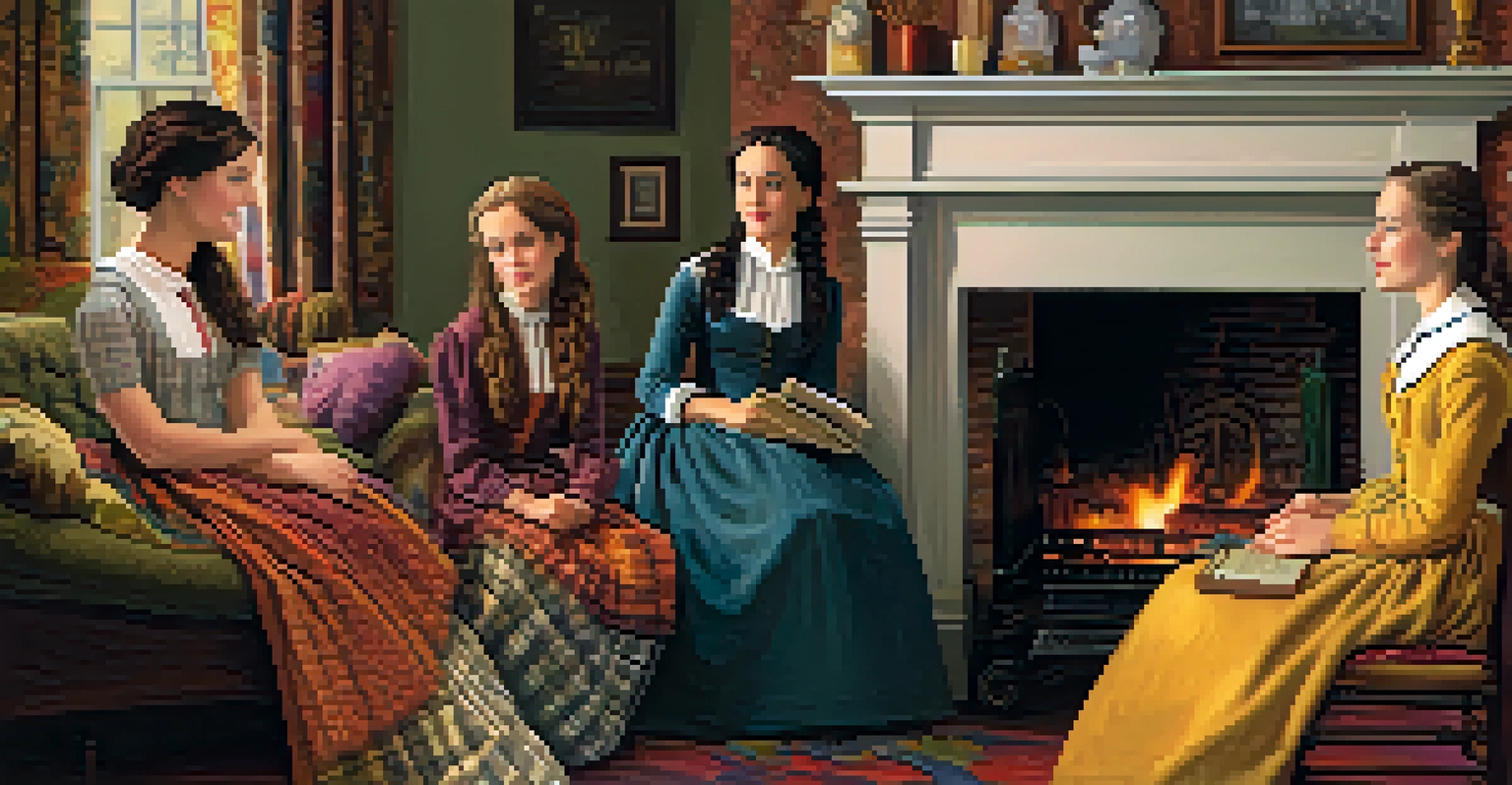 The March sisters from 'Little Women' having a lively discussion in a cozy, warmly lit living room filled with colorful decor.
