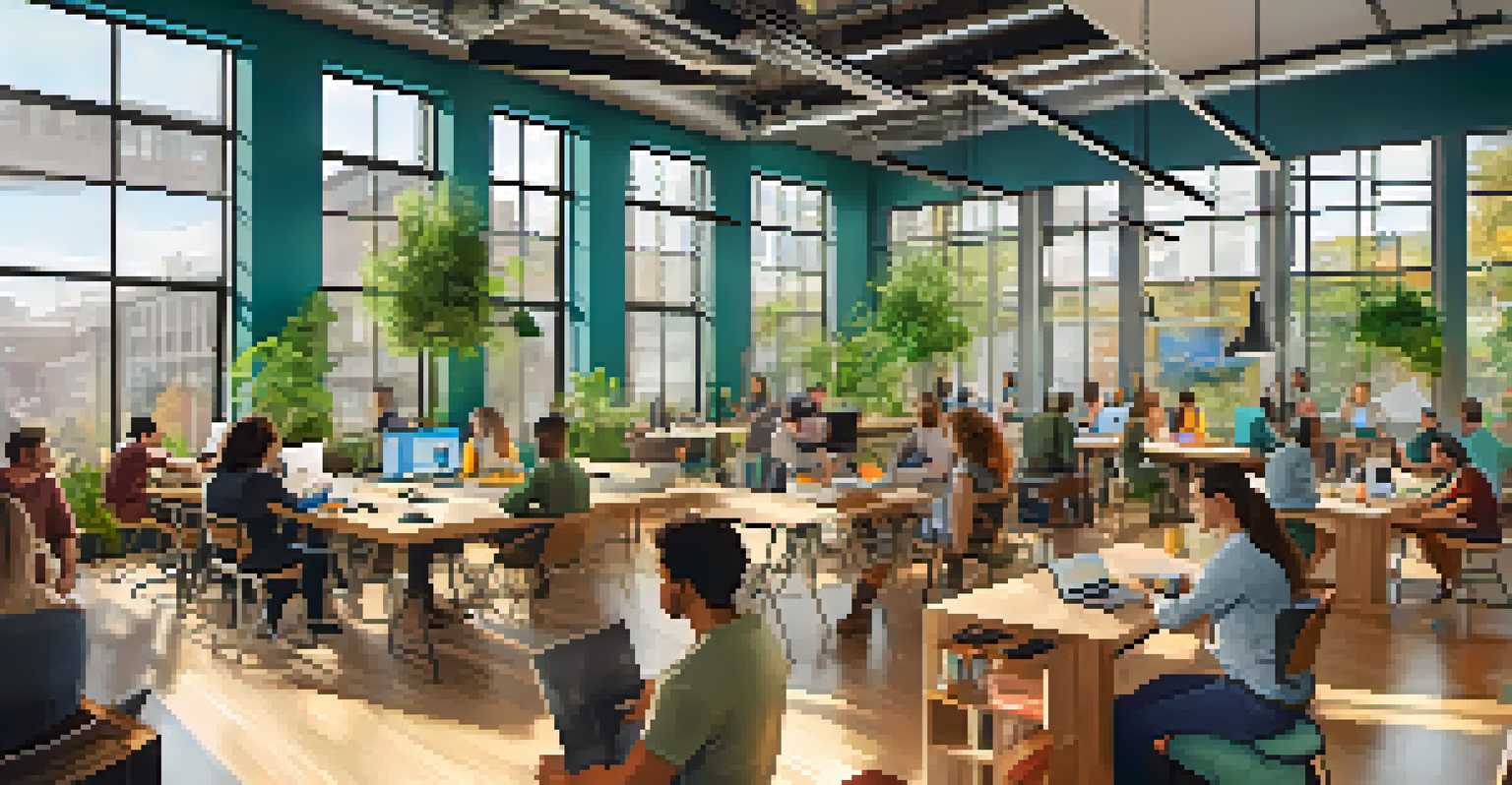 A modern coworking space in Boston with diverse individuals collaborating, bright colors, and natural light.