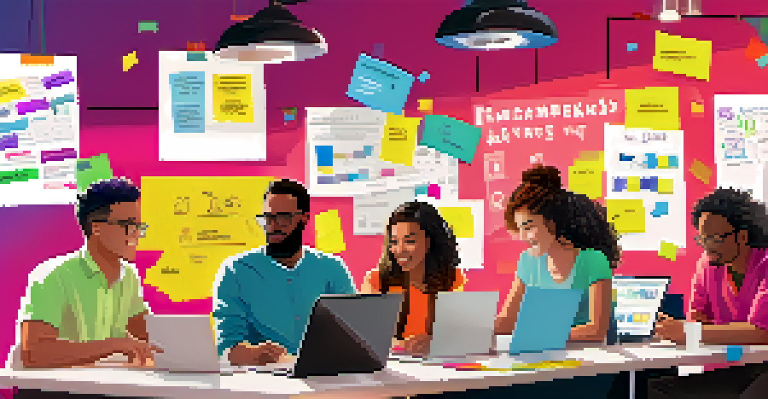Young professionals collaborating at a hackathon, working together over laptops and colorful project boards.