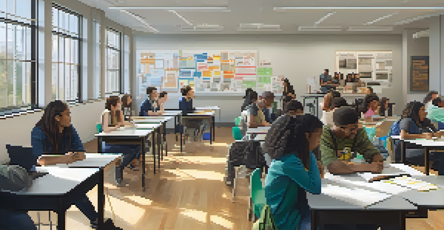 Students in a Boston university classroom discussing social issues, with diverse backgrounds and inspirational posters on the walls.
