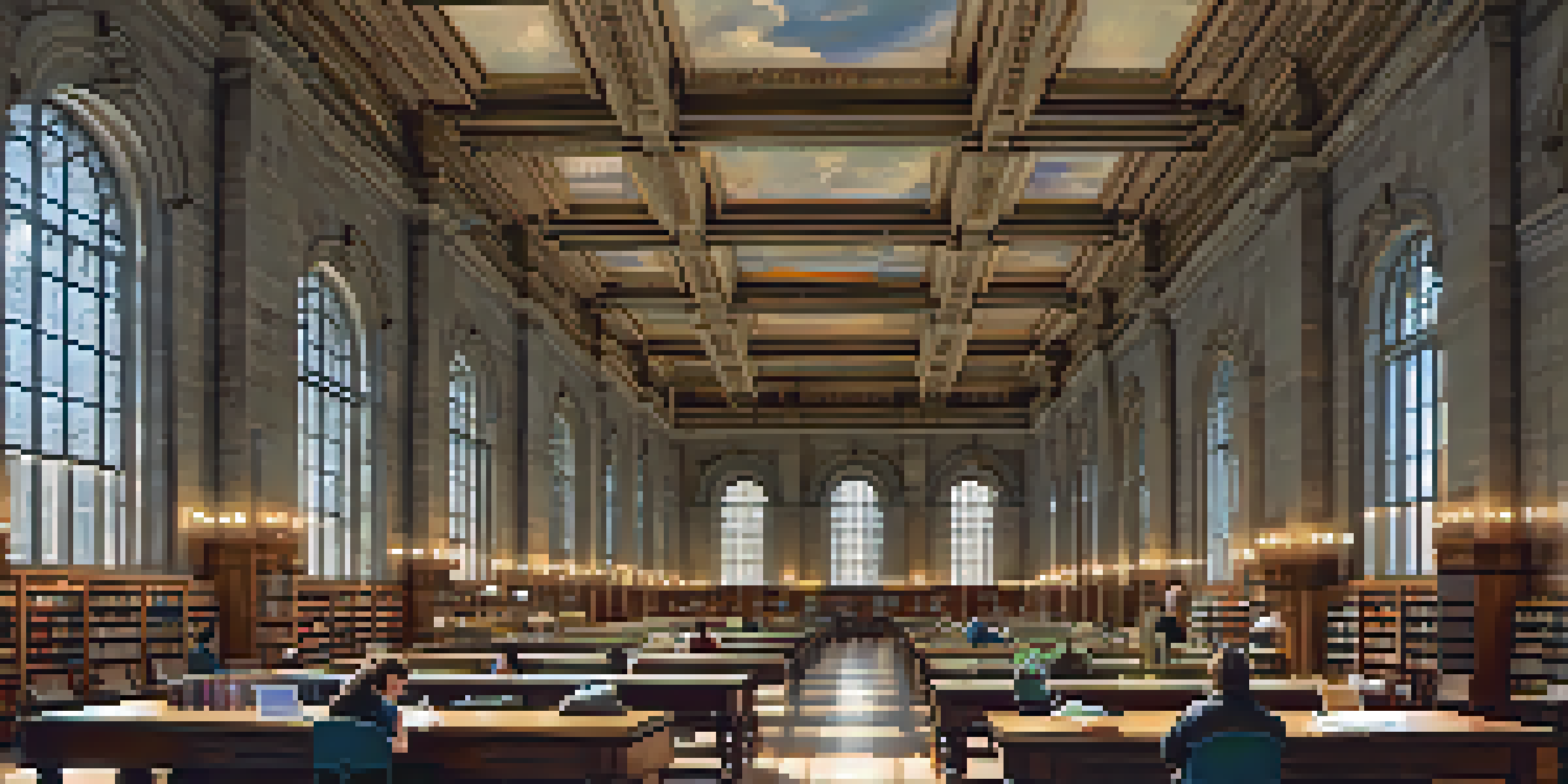 Interior view of the Boston Public Library's central reading room with tall windows, wooden tables, and bookshelves.