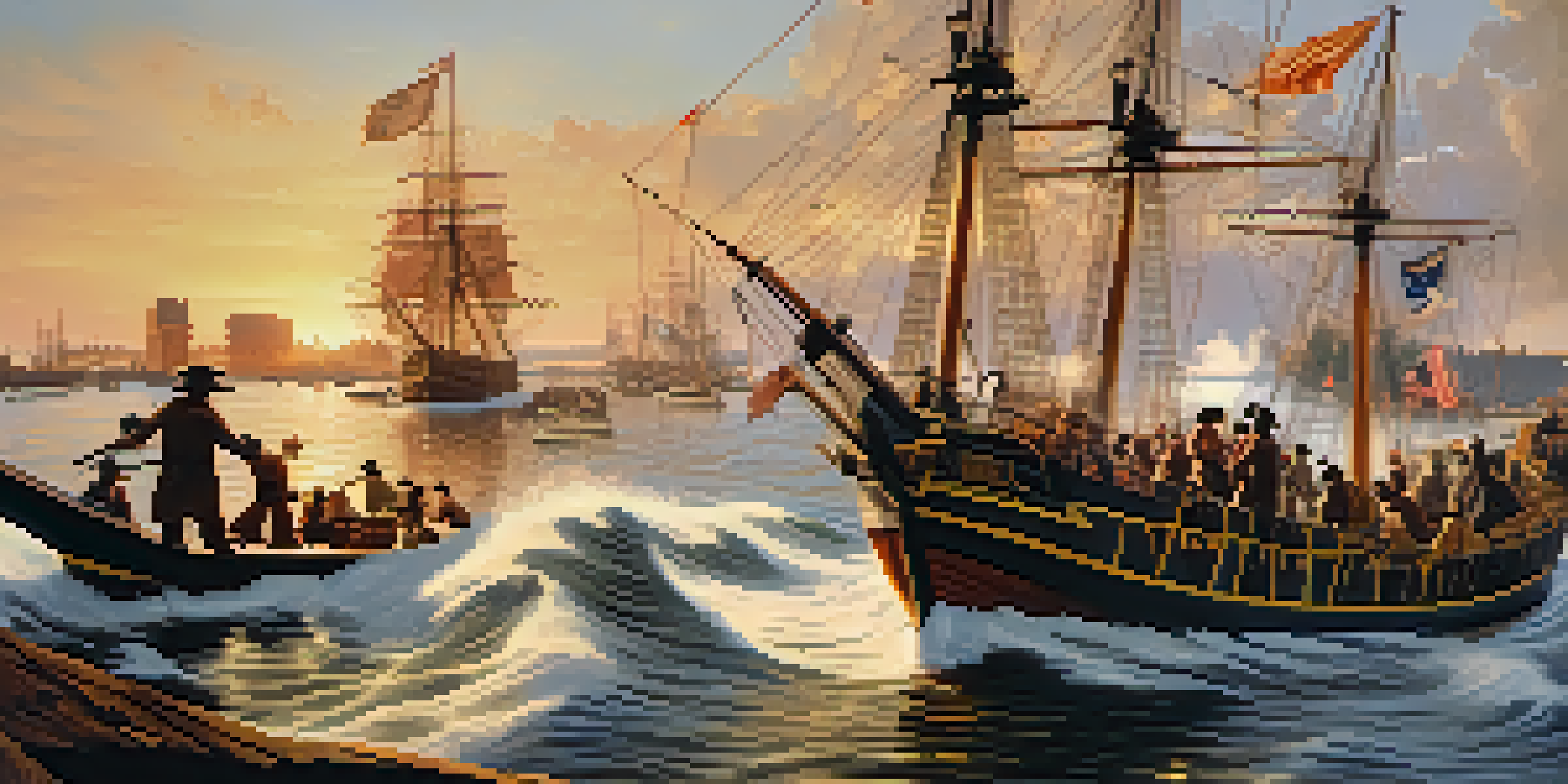 A depiction of the Boston Tea Party, showing colonists dressed as Native Americans on ships dumping tea into the water at sunset.