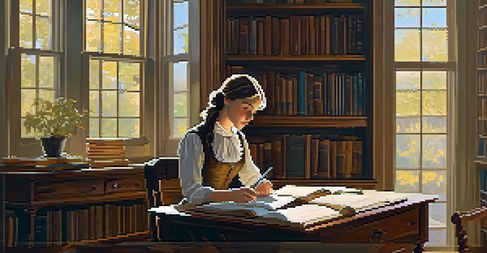 A young Louisa May Alcott writing at a wooden desk in a sunlit room filled with books and vintage decor.