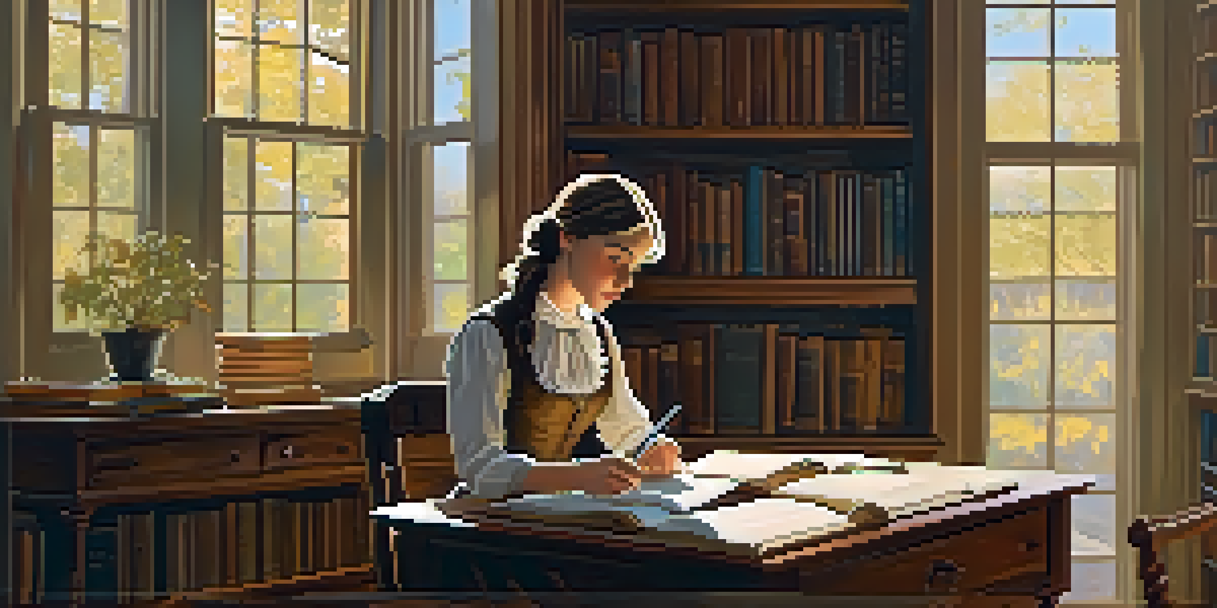 A young Louisa May Alcott writing at a wooden desk in a sunlit room filled with books and vintage decor.