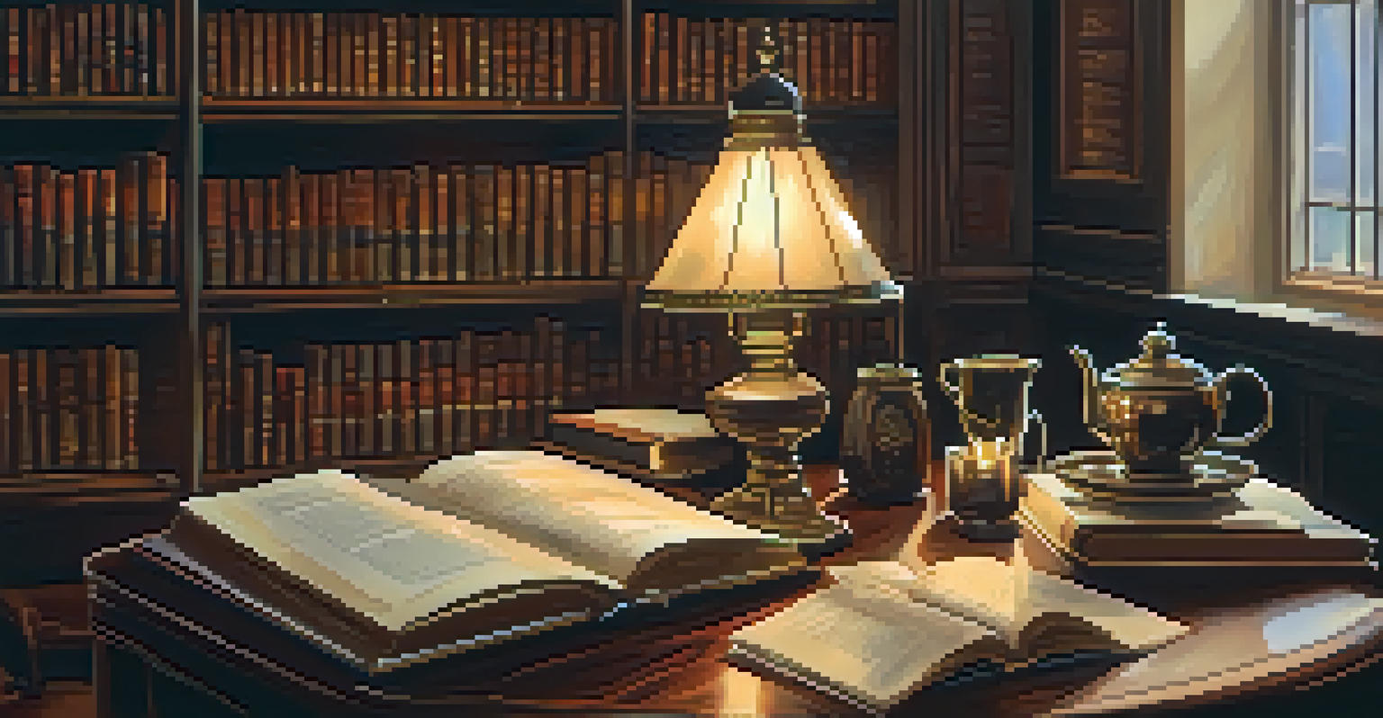 A vintage study with bookshelves, a wooden desk with an ink quill and a cup of tea, illuminated by candlelight.