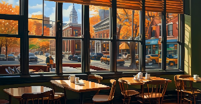 A bustling coffee shop in Boston with writers engaging in conversation, surrounded by warm lighting and autumn scenery outside.