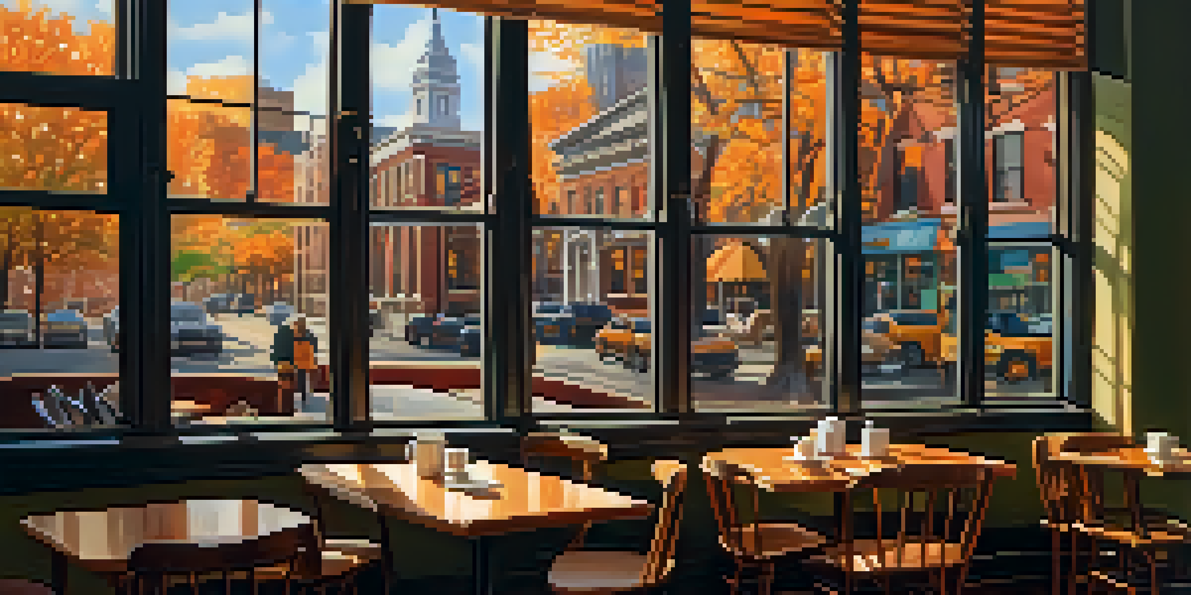 A bustling coffee shop in Boston with writers engaging in conversation, surrounded by warm lighting and autumn scenery outside.