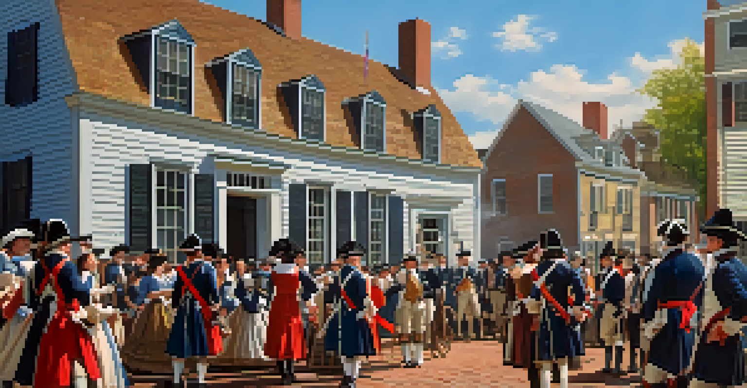 A historical reenactment outside the Paul Revere House, with actors in colonial attire and a lively crowd of visitors.