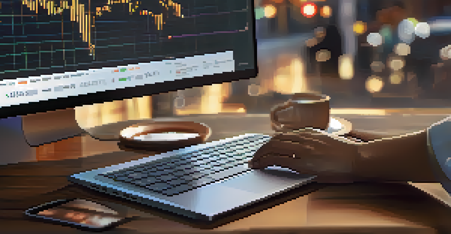 Close-up of hands typing on a laptop in a Boston café, with a digital financial dashboard in the background.