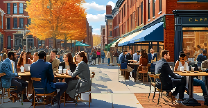 A diverse group of entrepreneurs working together outside a café in Boston, surrounded by historic buildings and autumn trees.