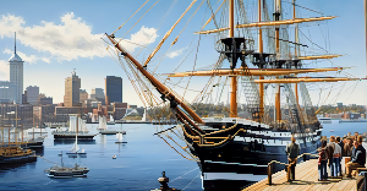 The USS Constitution in Boston Harbor, with tourists on the deck listening to a guide, sailboats around, and the city skyline in the background.