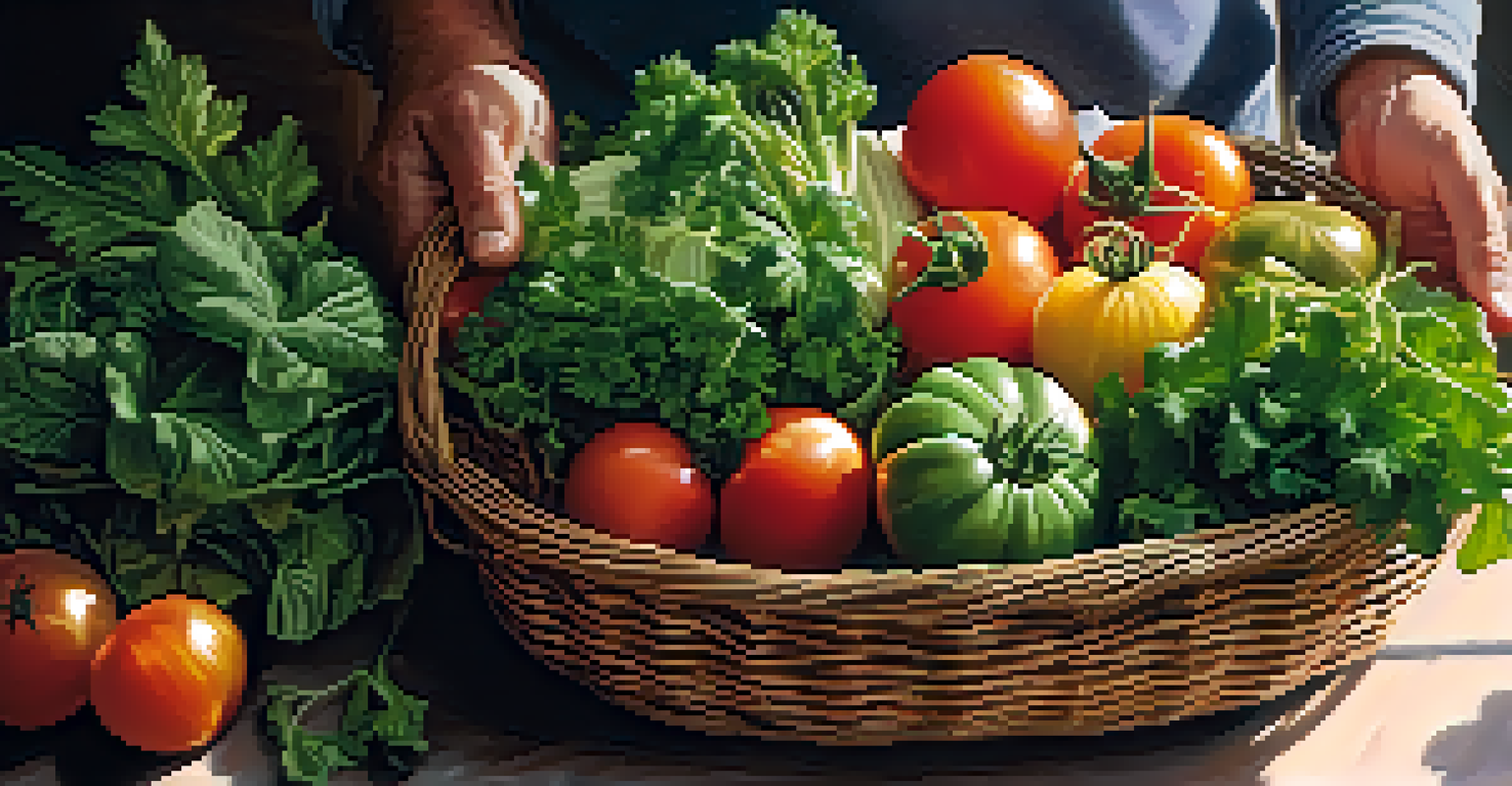 Close-up of a farmer's hands holding a basket of organic vegetables with sunlight shining through the leaves.