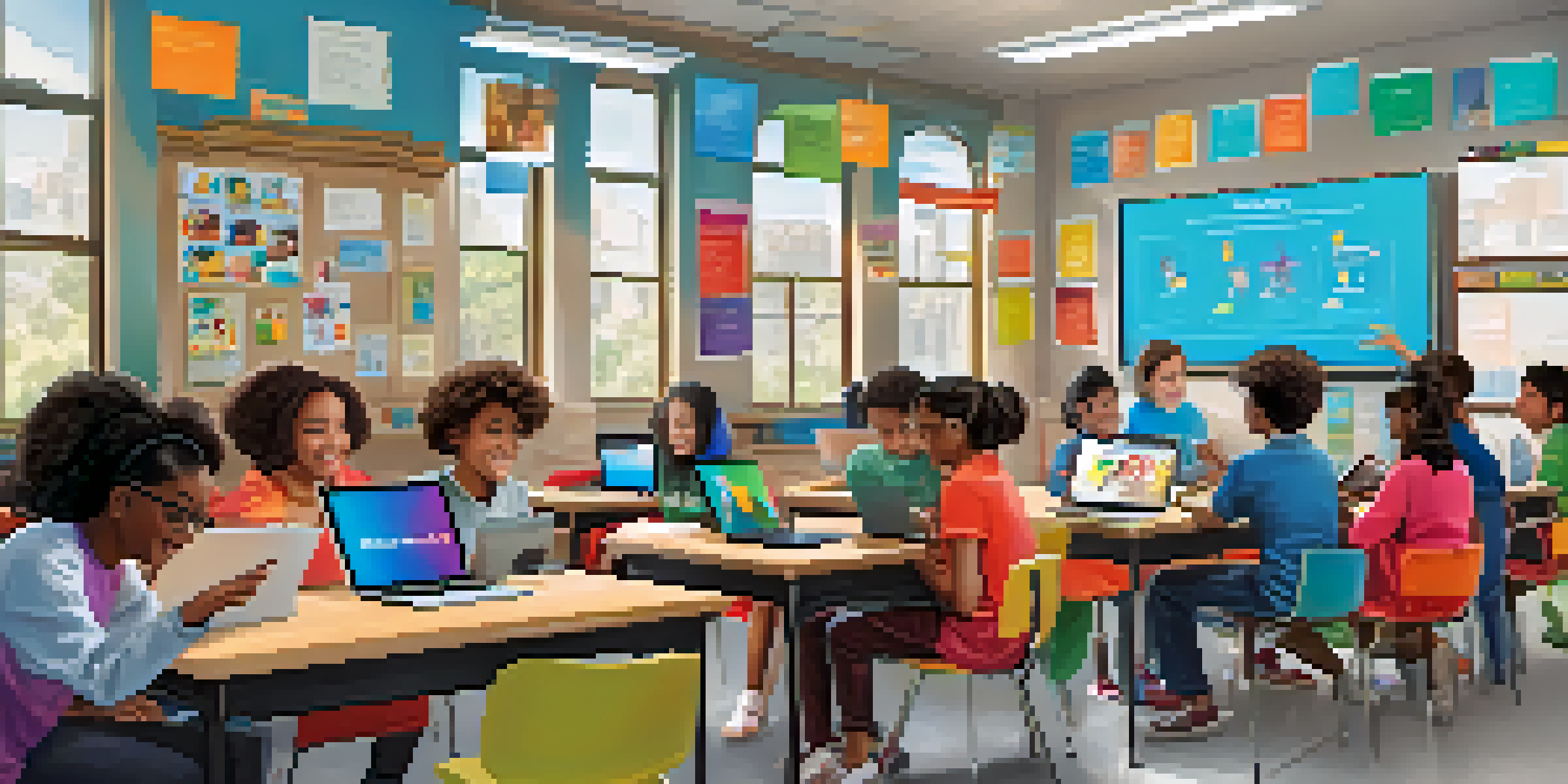 A classroom filled with diverse students using laptops and tablets for hands-on learning, with a smartboard in the background.