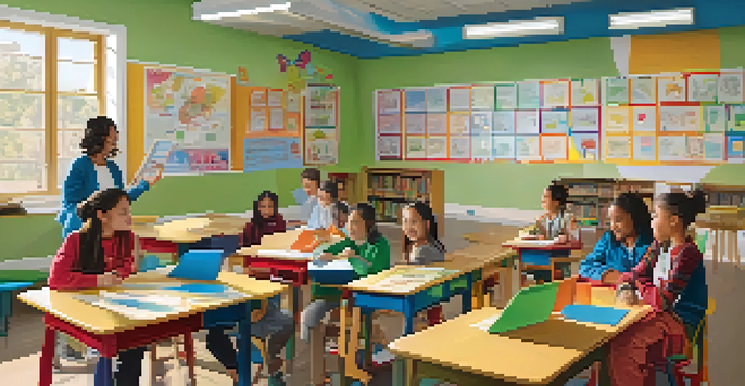 A lively classroom with diverse students collaborating on projects, colorful decorations, and a supportive teacher guiding them.