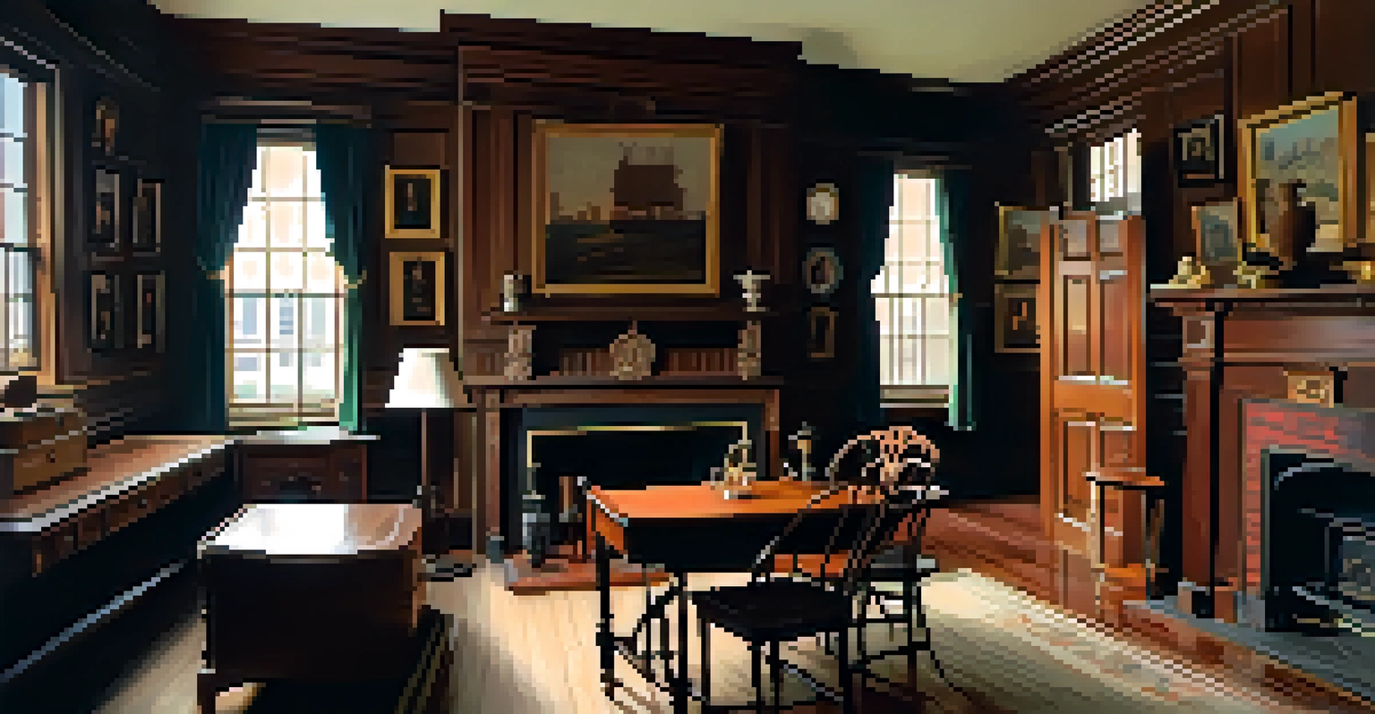 The interior of the Paul Revere House, featuring period furnishings, a colonial fireplace, and intricate woodwork illuminated by natural light.