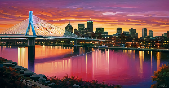 A scenic sunset view of the Zakim Bridge with vibrant colors in the sky and reflections in the Charles River.
