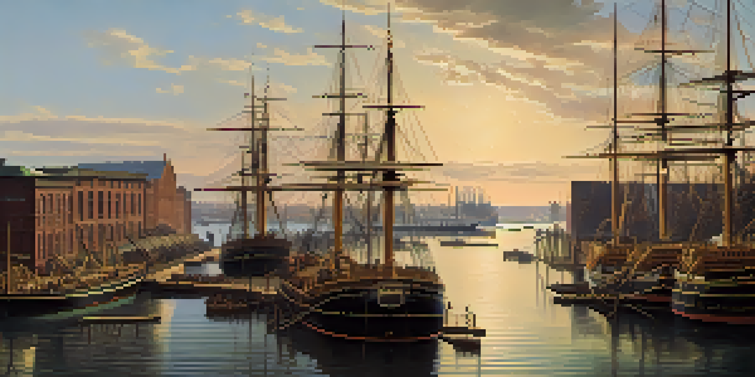 A historical scene depicting a busy shipyard in 19th-century Boston with workers constructing wooden ships under a clear blue sky.