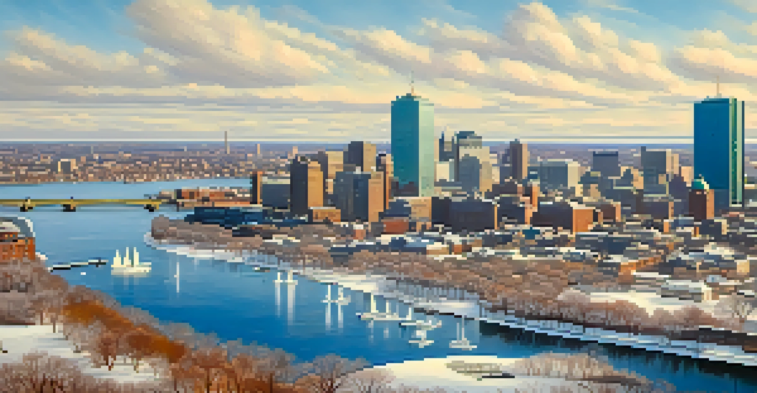 An aerial view of Boston in winter, showing a snow-dusted skyline and the Charles River under a bright blue sky.
