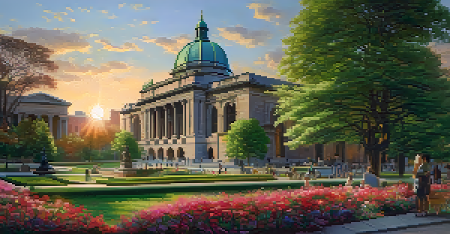 The Boston Public Library with its impressive facade and surrounding blooming gardens at sunset.