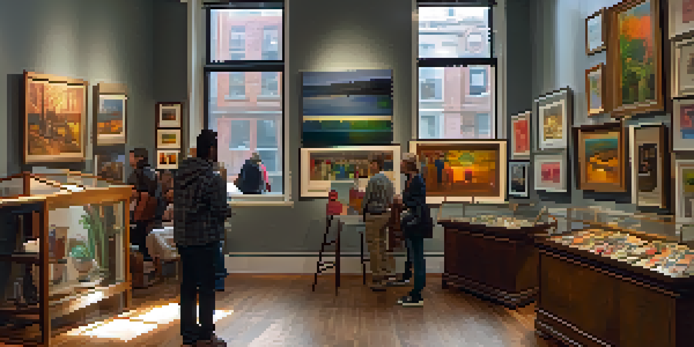 A warm and inviting small art gallery in Boston with local artworks on display and visitors interacting with artists.