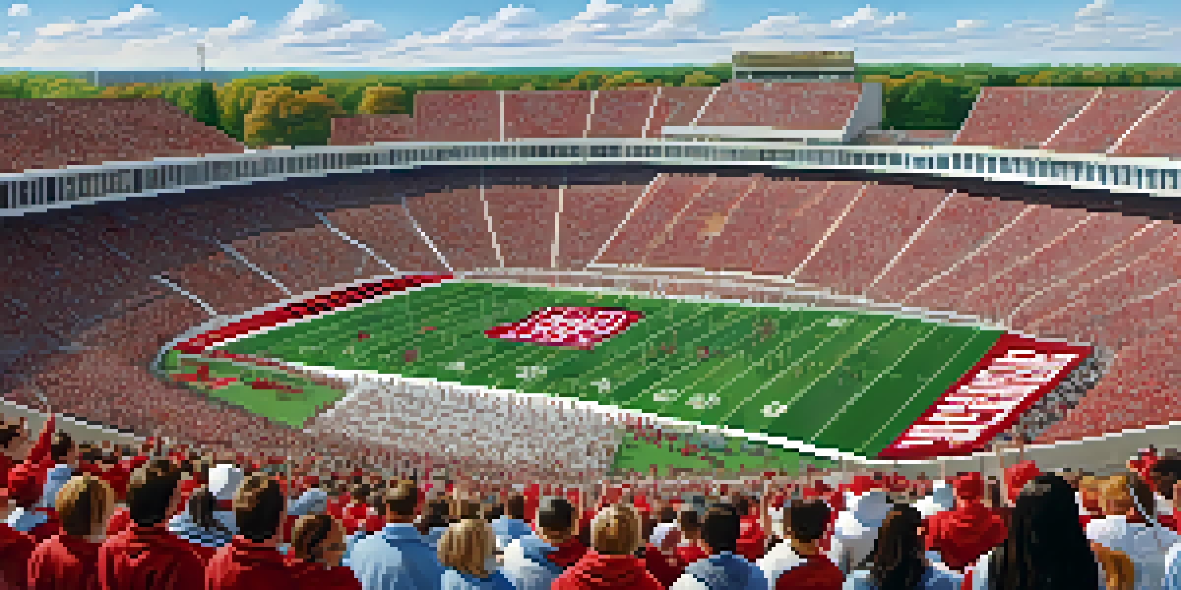 A wide shot of Harvard Stadium filled with enthusiastic fans during a football game, showcasing the stadium's architecture and festive atmosphere.