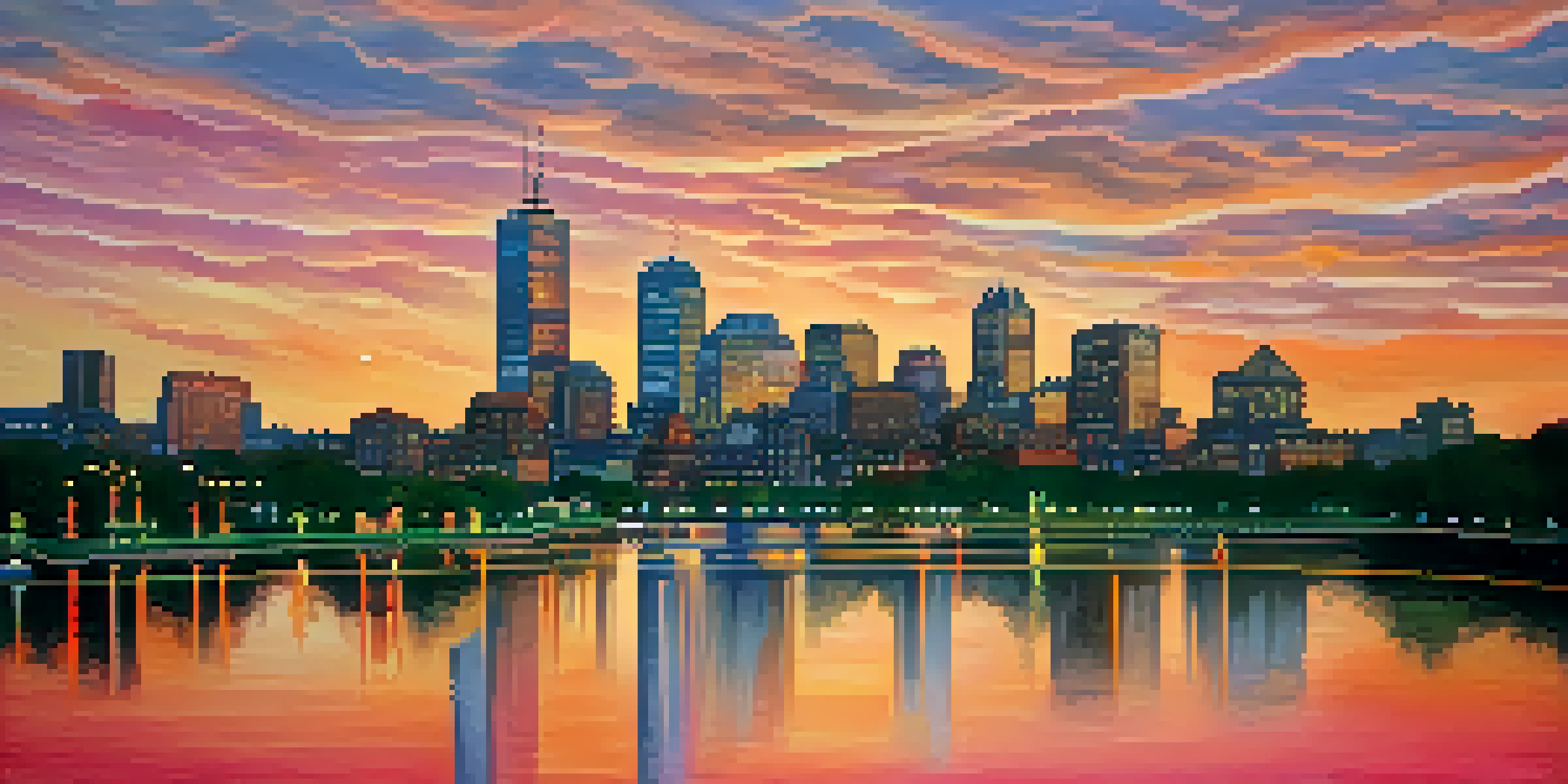 A sunset view of Boston's skyline with the Charles River in the foreground, showcasing the city's iconic buildings.