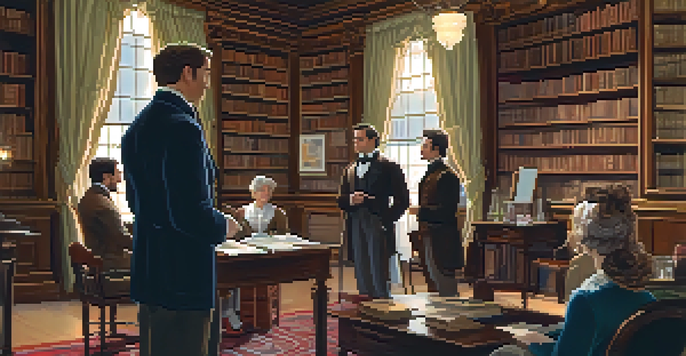 A 19th-century Boston literary salon with elegantly dressed individuals discussing ideas, surrounded by bookshelves and candlelight.