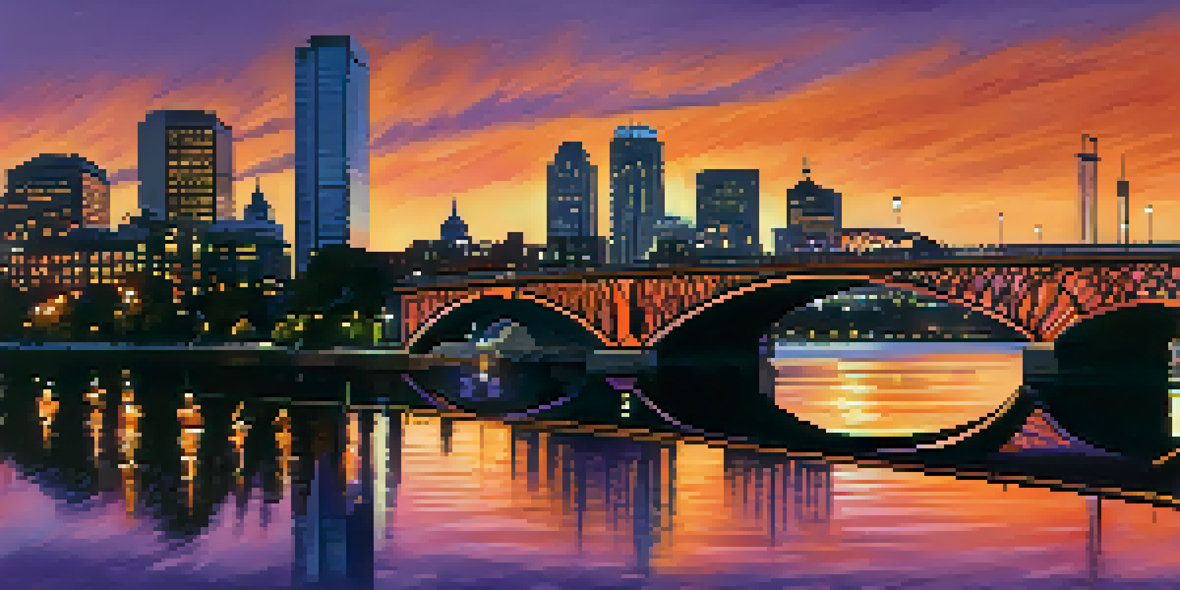 A sunset view of the Longfellow Bridge with a vibrant sky and city skyline in the background, featuring joggers and cyclists.