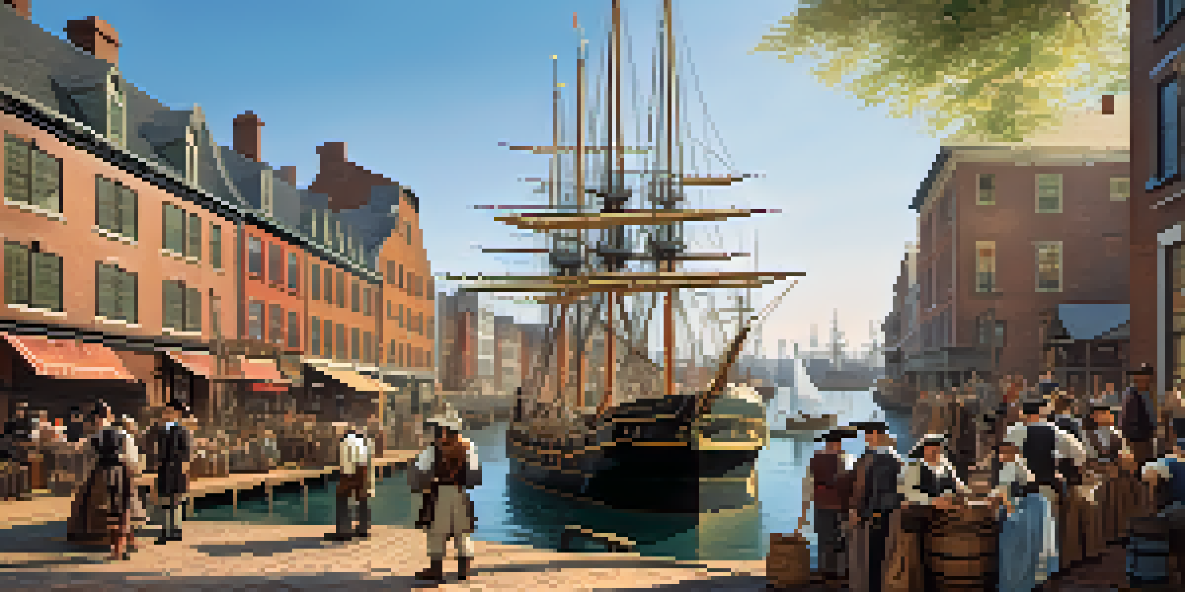 A busy 17th-century Boston port with tall ships, merchants, and people in period attire, showcasing vibrant colors and warm sunlight.