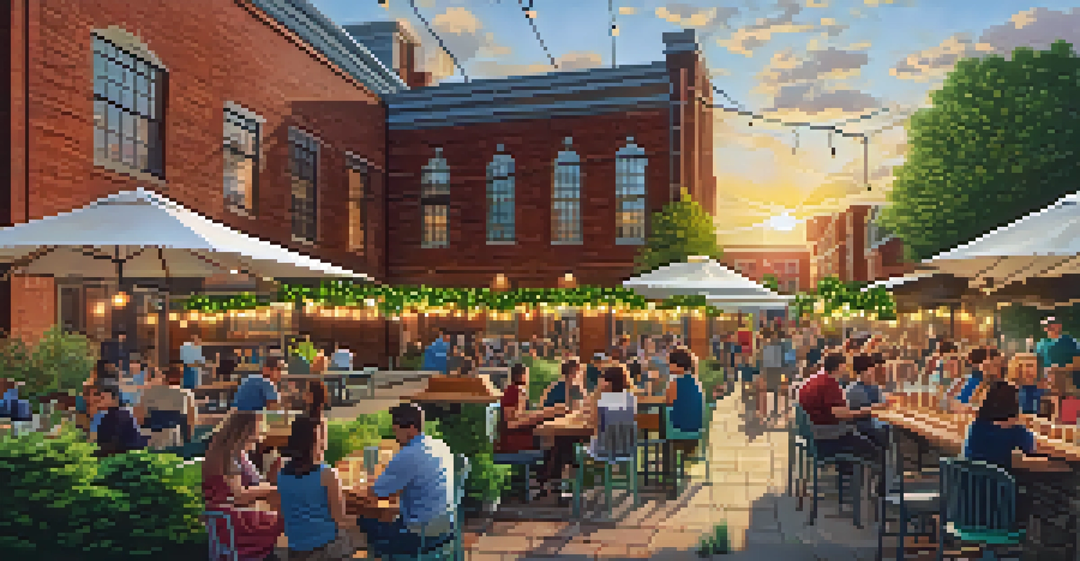 An outdoor beer garden at a Boston brewery during sunset, filled with people enjoying craft beer and a cozy atmosphere.