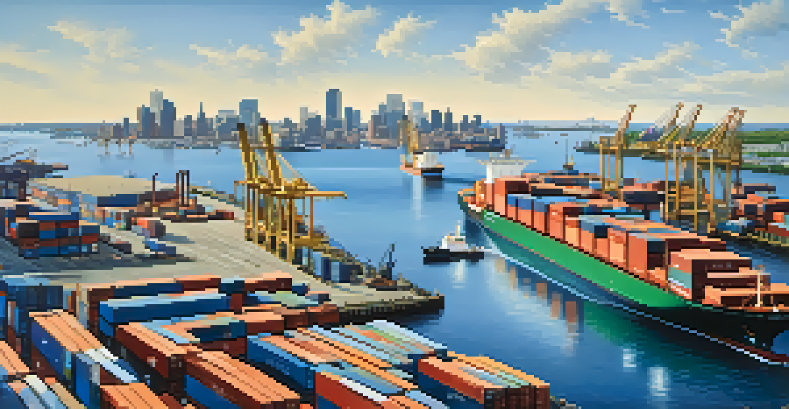 An aerial view of Boston Harbor's shipping port with cargo ships, cranes, and a city skyline.