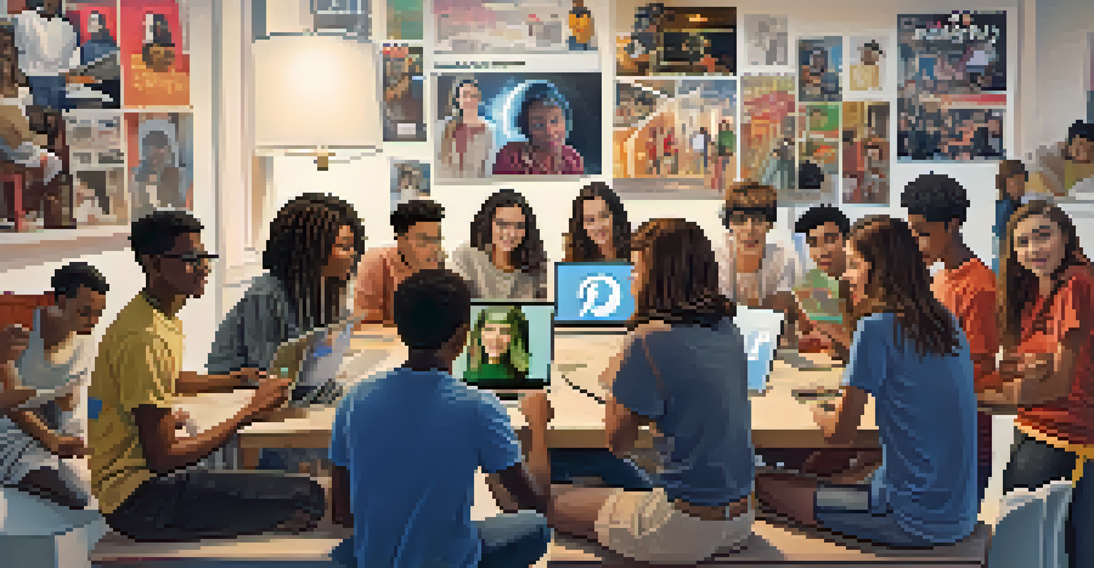 A diverse group of young activists creating digital content for social media, with laptops and smartphones in a cozy room filled with social justice posters.