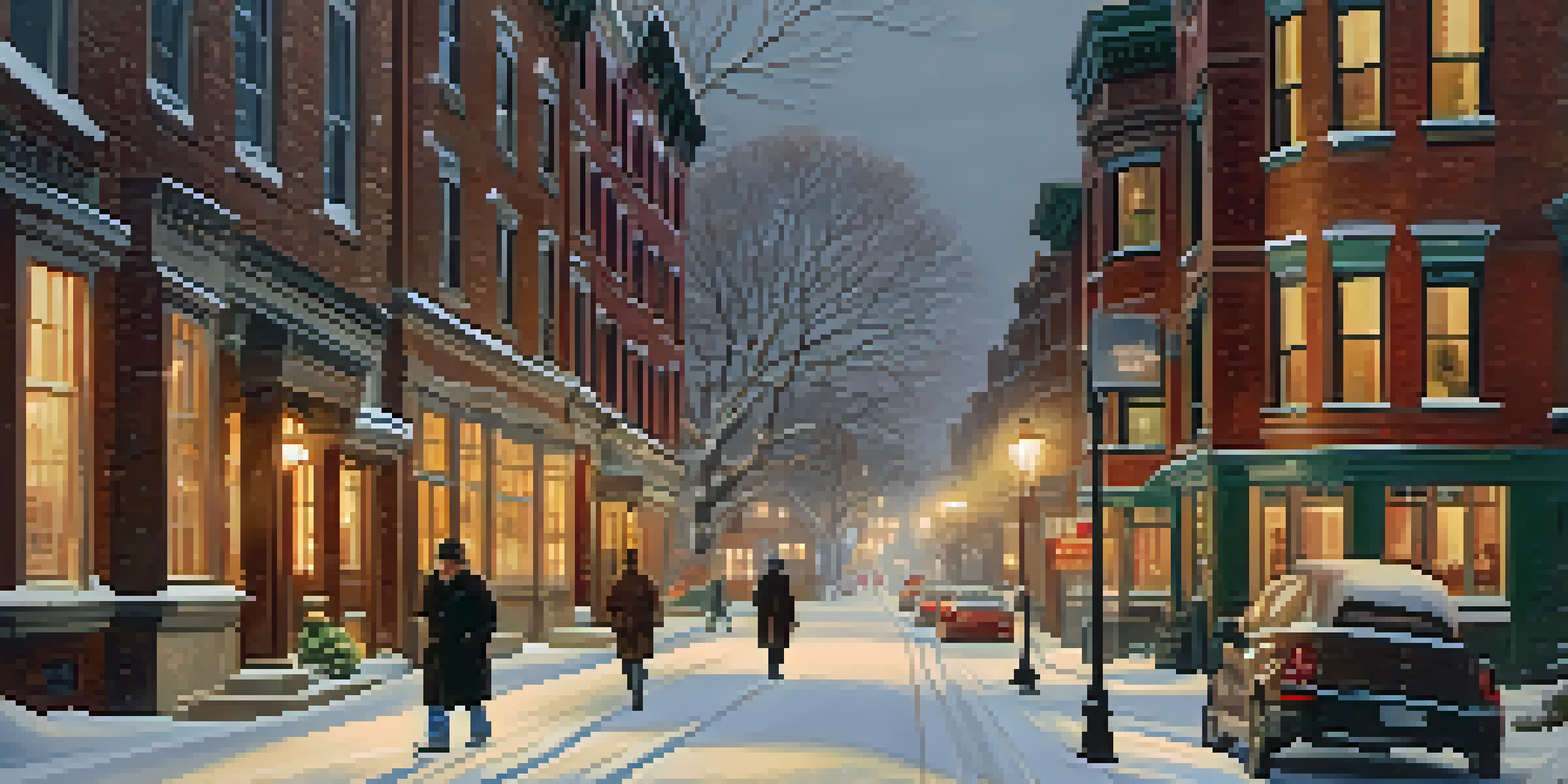A winter scene in Boston with snow-covered streets and historic buildings, featuring pedestrians walking and warm lights glowing from windows.