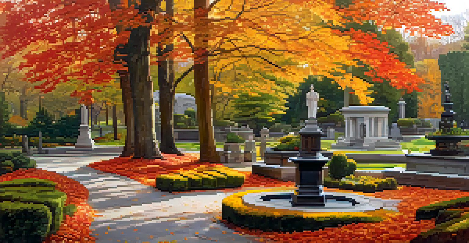 A panoramic autumn view of Mount Auburn Cemetery, filled with colorful fall foliage and elegant mausoleums.