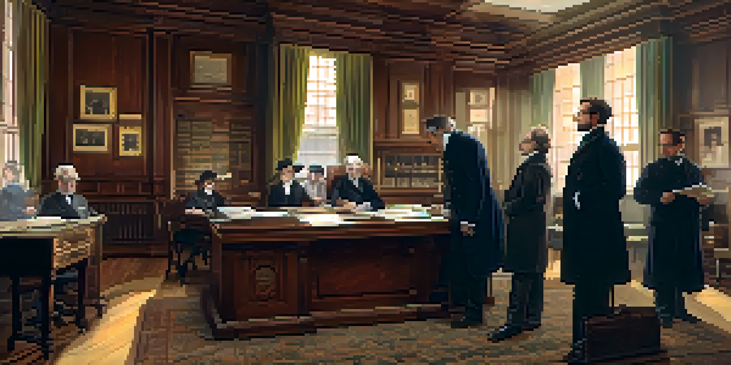 A historical office scene showing Boston public health officials in Victorian-era clothing discussing health measures, surrounded by maps and health charts.