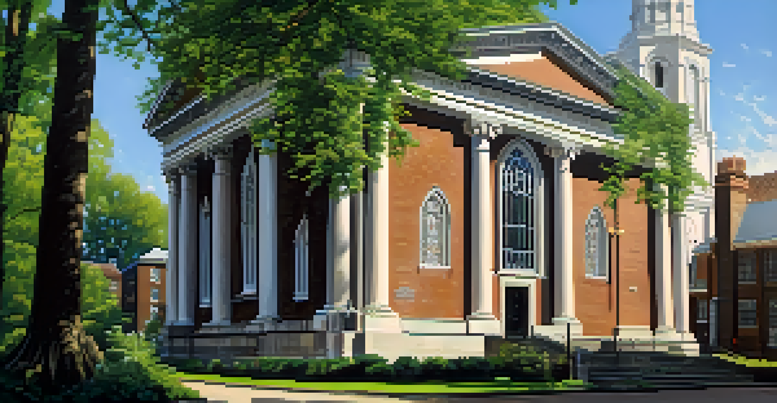An exterior view of King's Chapel in Boston, showcasing its architectural styles and surrounding greenery.