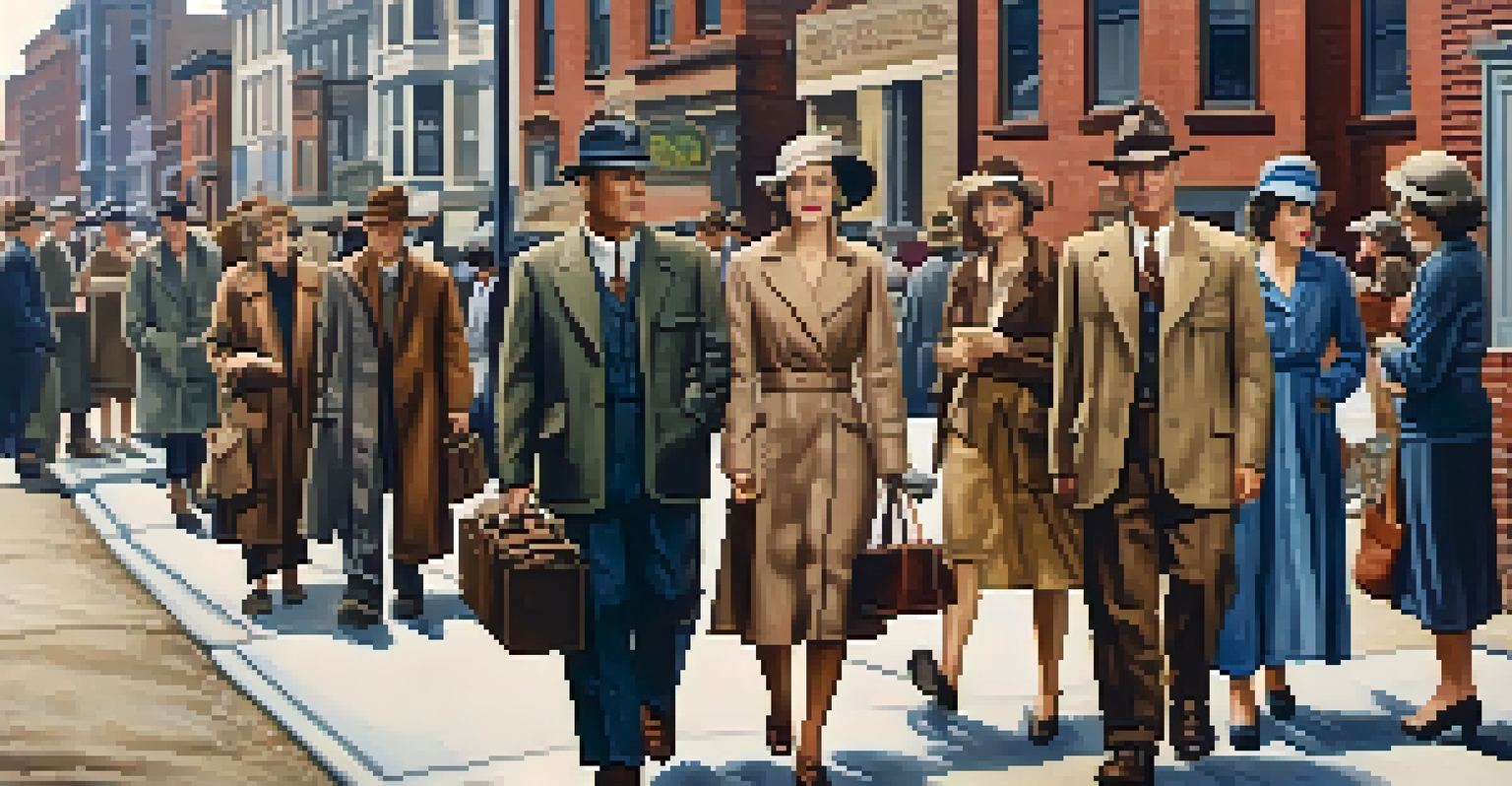 A street scene in Boston during the 1930s, showing men and women in practical clothing, with thrift shops and signs of resilience in the background.