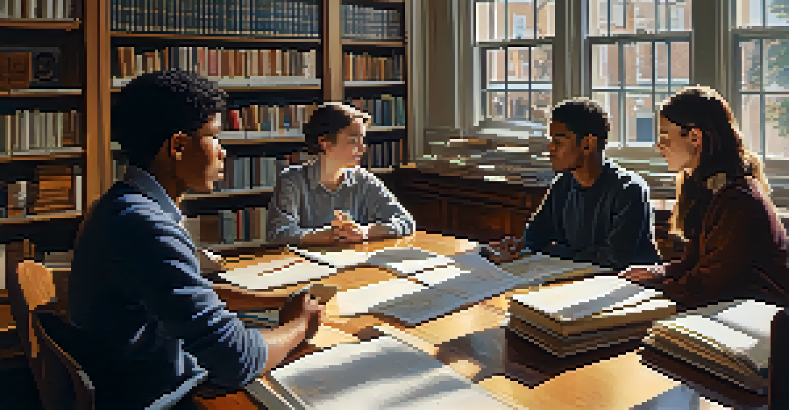 A classroom at Harvard with students discussing international relations, surrounded by books and a globe, illuminated by sunlight.