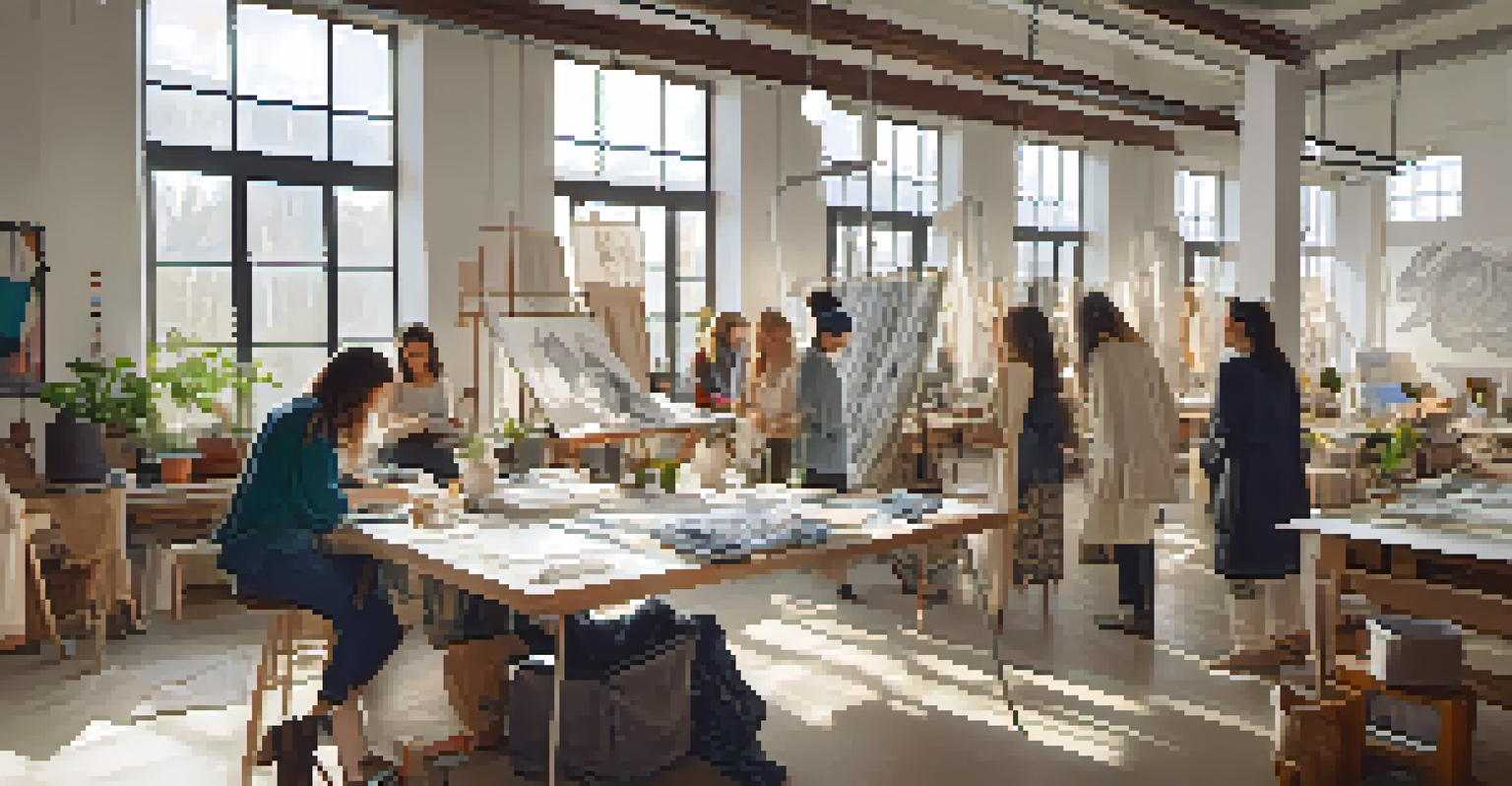 A workshop with local designers collaborating on sustainable fashion, surrounded by eco-friendly fabrics and sketches in a well-lit room.