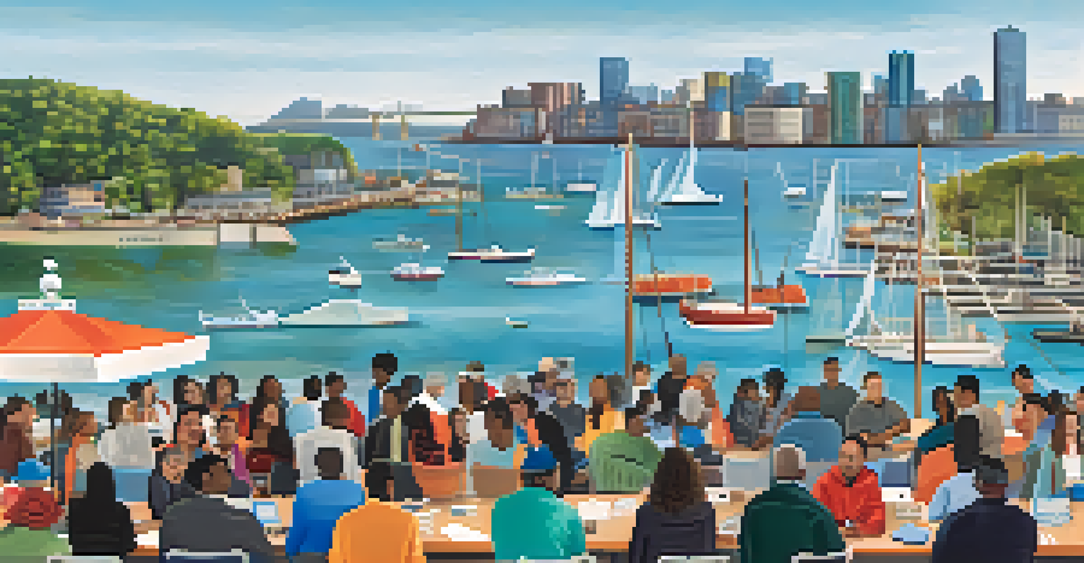 A community forum at Boston's waterfront with residents discussing climate resilience, surrounded by the harbor and city skyline.
