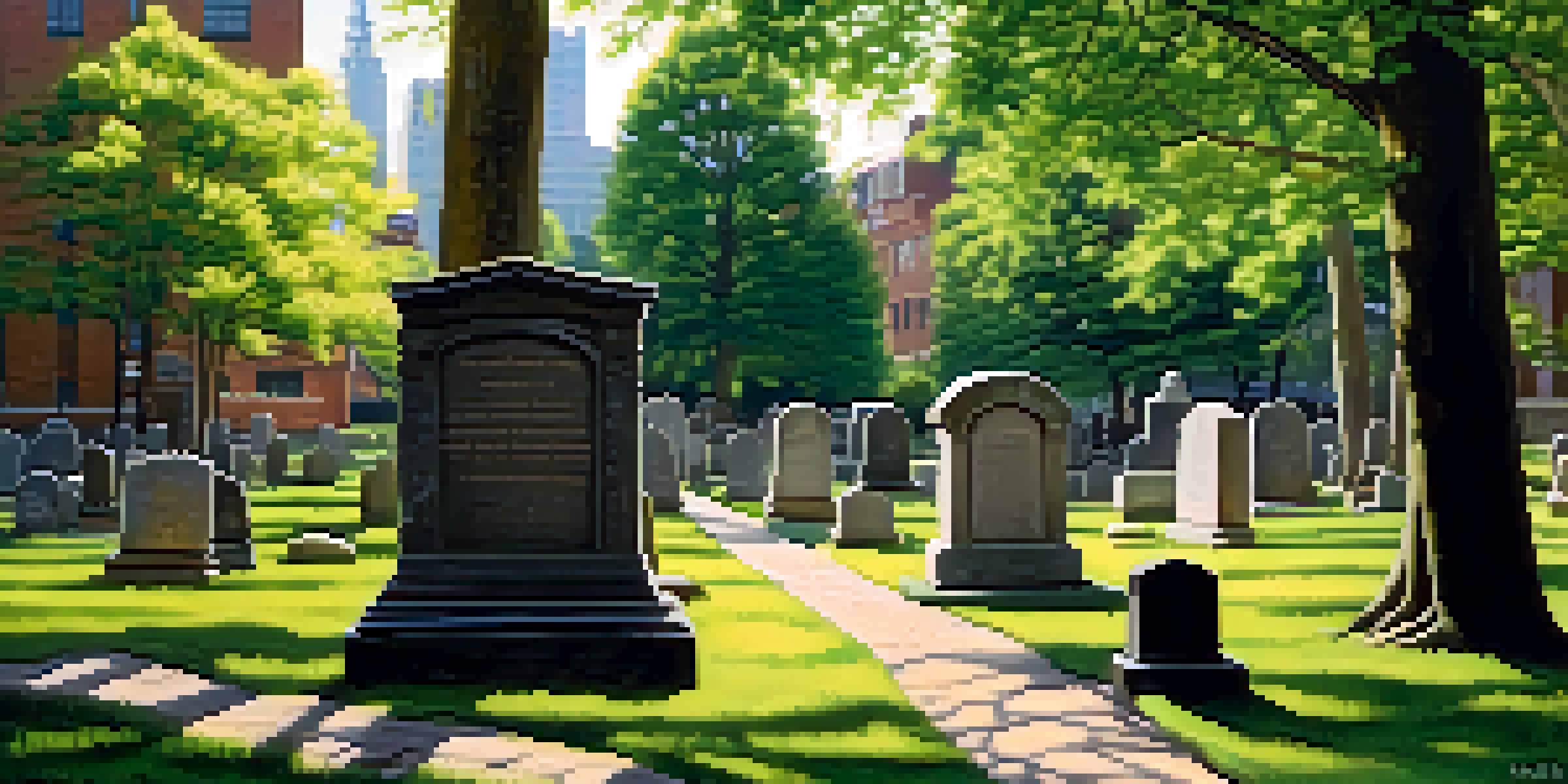 A peaceful cemetery with old gravestones surrounded by greenery, illuminated by soft sunlight.